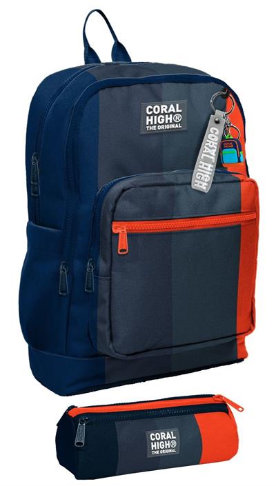 Coral High İlkokul Erkek Çocuklarına Özel Dört Gözlü Sırt Çantası ve Kalemlik Seti- Siyah Turuncu Renkli Çizgili