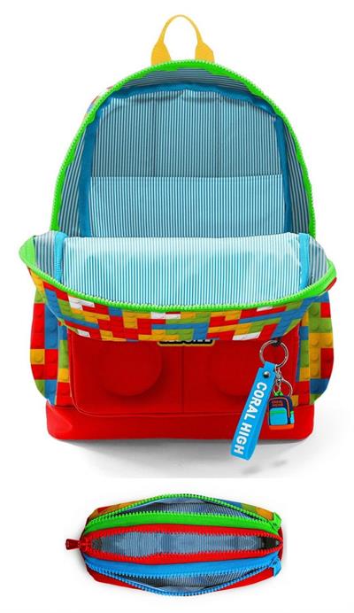 Coral High İlkokul Erkek Çocuklarına Özel Dört Gözlü Sırt Çantası ve Kalemlik Seti- Kırmızı Yapı Blokları