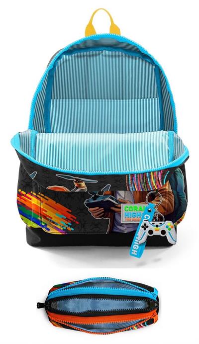 Coral High İlkokul Erkek Çocuklarına Özel Dört Gözlü Sırt Çantası ve Kalemlik Seti- Siyah Drone Pilotu