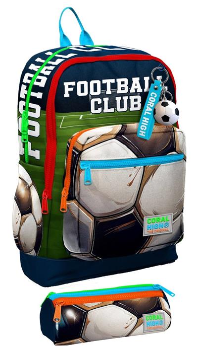 Coral High İlkokul Erkek Çocuklarına Özel Dört Gözlü Sırt Çantası ve Kalemlik Seti- Lacivert Yeşil Futbol