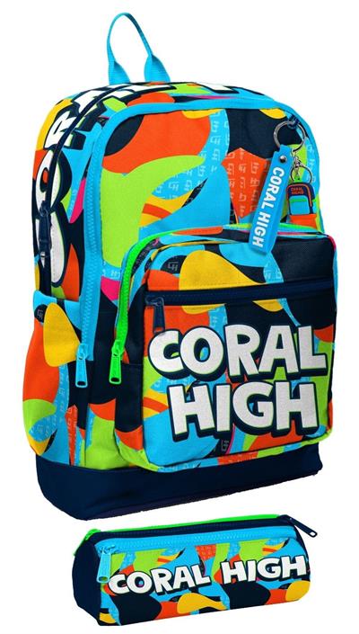 Coral High İlkokul Erkek Çocuklarına Özel Dört Gözlü Sırt Çantası ve Kalemlik Seti- Lacivert Mavi Grafiti