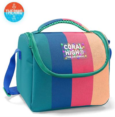 Coral High İlkokul Kız Çocuk Okul Beslenme Çantası, Yeşil Mavi Pembe Renkli Çizgili, Termoslu (Isı Yalıtımlı) 22779
