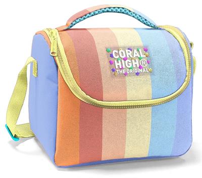 Coral High İlkokul Kız Çocuk Okul Beslenme Çantası, Turuncu Sarı Mavi Renkli Çizgili, Termoslu (Isı Yalıtımlı) 22780