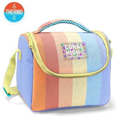 Coral High İlkokul Kız Çocuk Okul Beslenme Çantası, Turuncu Sarı Mavi Renkli Çizgili, Termoslu (Isı Yalıtımlı) 22780