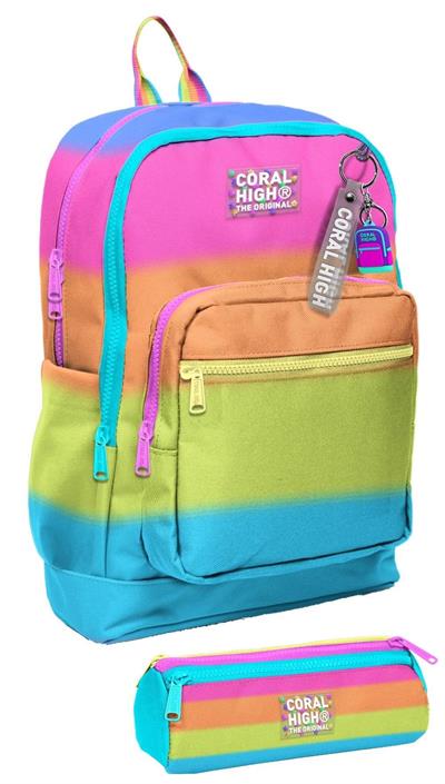 Coral High İlkokul Kız Çocuklarına Özel Dört Gözlü Sırt Çantası ve Kalemlik Seti- Pembe Turuncu Renk Geçişli