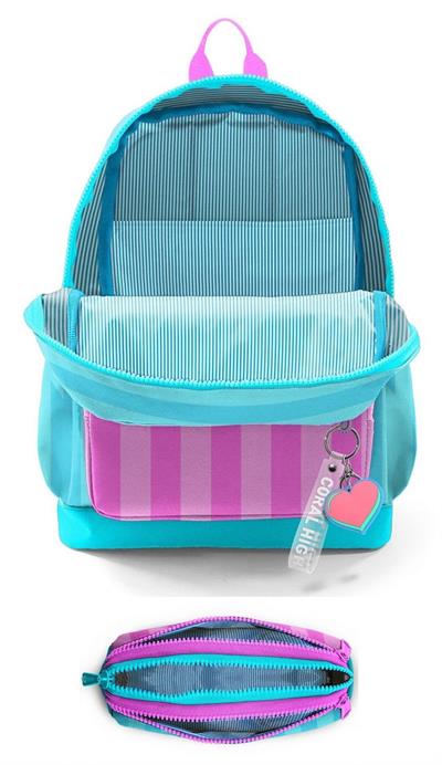 Coral High İlkokul Kız Çocuklarına Özel Dört Gözlü Sırt Çantası ve Kalemlik Seti- Turkuaz Pembe Çizgili