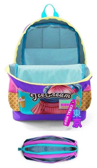 Coral High İlkokul Kız Çocuklarına Özel Dört Gözlü Sırt Çantası ve Kalemlik Seti- Lila Turkuaz Dondurmalı Kız