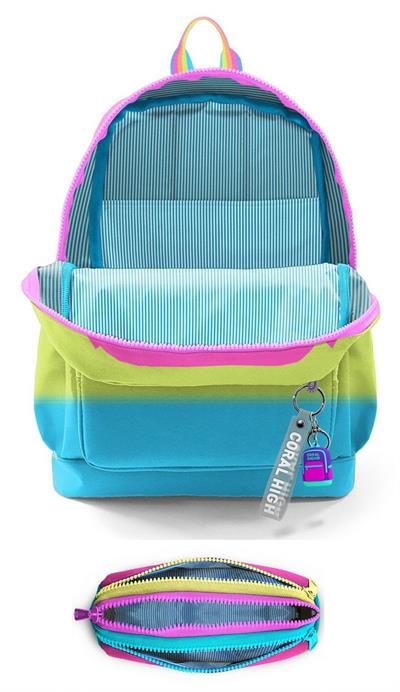 Coral High İlkokul Kız Çocuklarına Özel Dört Gözlü Sırt Çantası ve Kalemlik Seti- Pembe Turuncu Renk Geçişli