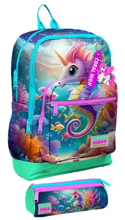 Coral High İlkokul Kız Çocuklarına Özel Dört Gözlü Sırt Çantası ve Kalemlik Seti- Su Yeşili Denizatı