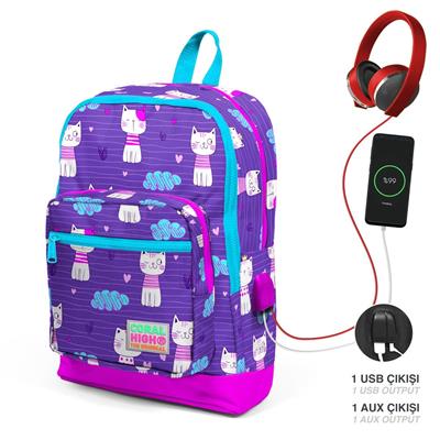 Coral High İlkokul Okul Çantası Seti Pembe Mor Kedi - Kız Çocuk