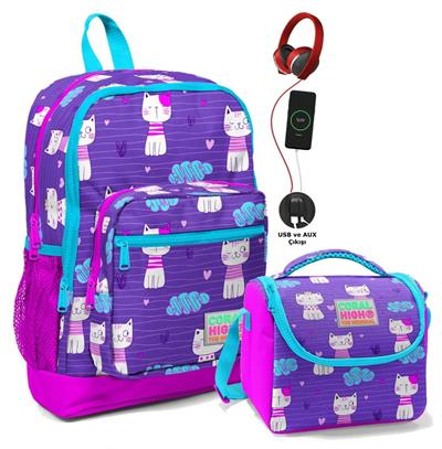Coral High İlkokul Okul Çantası Seti Pembe Mor Kedi - Kız Çocuk