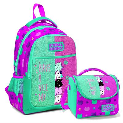 Coral High İlkokul Okul Sırt Çantası ve Beslenme Çantası Seti -Sevimli Kediler Kız Çocuk