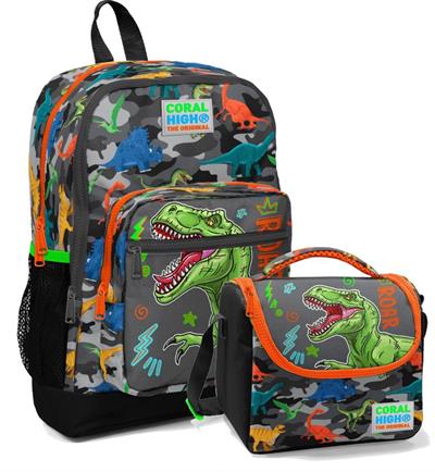 Coral High İlkokul Okul Sırt Çantası ve Beslenme Çantası Seti - Erkek Çocuk Gri Yeşil Dinazor