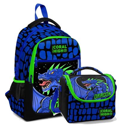 Coral High İlkokul Okul Sırt ve Beslenme Çantası Seti - Mavi Yeşil Dragon - Erkek Çocuk