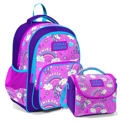 Coral High İlkokul Sırt Çantası ve Beslenme Çantası Seti - Kız Çocuk Unicorn Baskılı