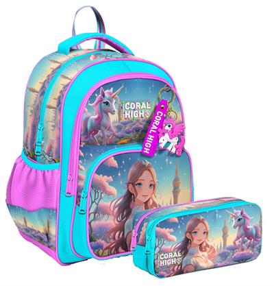 Coral High İlkokul Sırt Çantası ve İki Bölmeli Kalemlik - Kız Çocuk - Turkuaz Pembe Anime Kız