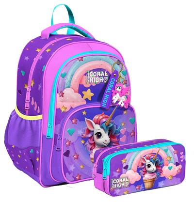 Coral High İlkokul Sırt Çantası ve İki Bölmeli Kalemlik - Kız Çocuk - Mor Pembe Dondurma Unicorn