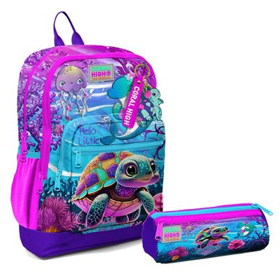 Coral High İlkokul Sırt Çantası ve Kalemlik Seti - Pembe Mor Kaplumbağa - Kız Çocuk