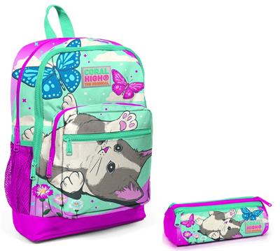 Coral High İlkokul Sırt Çantası ve Kalemlik Seti - Sevimli Kedi ve Kelebek - Kız Çocuk