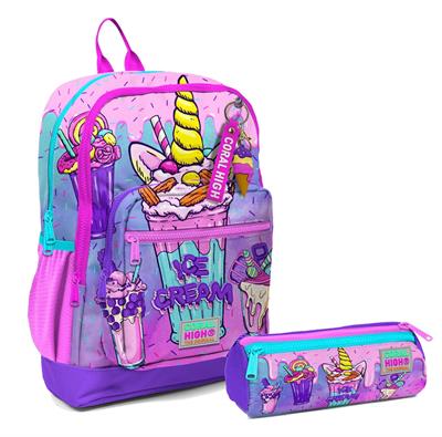 Coral High İlkokul Sırt Çantası ve Kalemlik Seti - Pembe Mor Dondurma - Kız Çocuk
