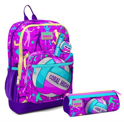 Coral High İlkokul Sırt Çantası ve Kalemlik Seti - Pembe Mor Voleybol - Kız Çocuk