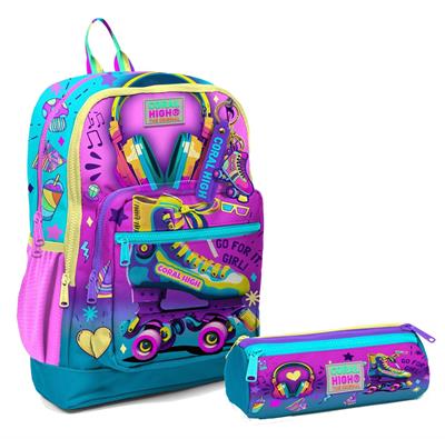 Coral High İlkokul Sırt Çantası ve Kalemlik Seti - Pembe Turkuaz Kulaklık Paten - Kız Çocuk