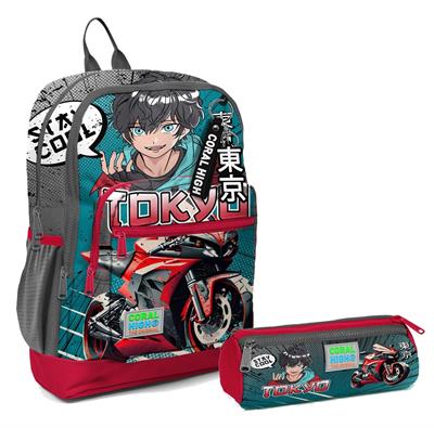 Coral High İlkokul Sırt Çantası ve Kalemlik Seti - Gri Nefti Anime Motorsiklet - Erkek Çocuk