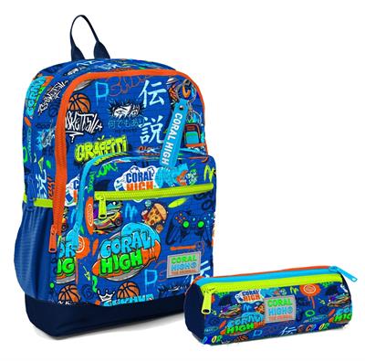 Coral High İlkokul Sırt Çantası ve Kalemlik Seti - Saks Grafiti - Erkek Çocuk