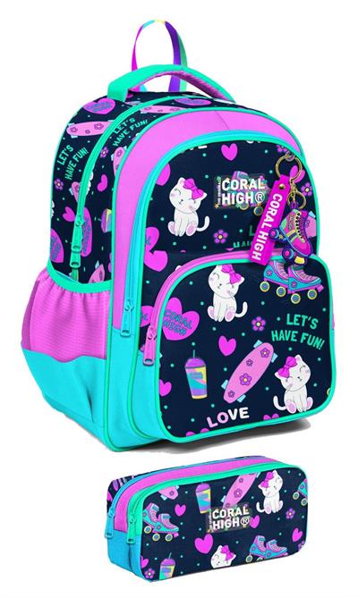 Coral High İlkokul Sırt Çantası ve Kalemlik Seti - Kız Çocuk - Lacivert Pembe Kedili