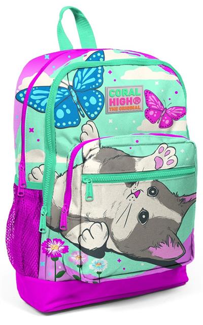 Coral High İlkokul Sırt Çantası ve Kalemlik Seti - Sevimli Kedi ve Kelebek - Kız Çocuk
