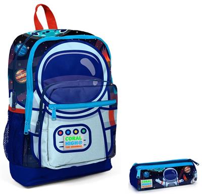 Coral High İlkokul Sırt Çantası ve Kalemlik Seti - Mavi Astronot Baskılı - Erkek Çocuk