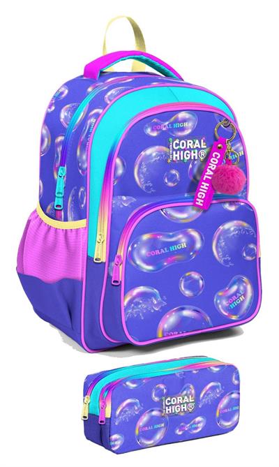 Coral High İlkokul Sırt Çantası ve Kalemlik Seti - Kız Çocuk - Lavanta Pembe Baloncuk