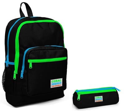 Coral High İlkokul Sırt Çantası ve Kalemlik Seti - Siyah Yeşil-Mavi Fermuarlı