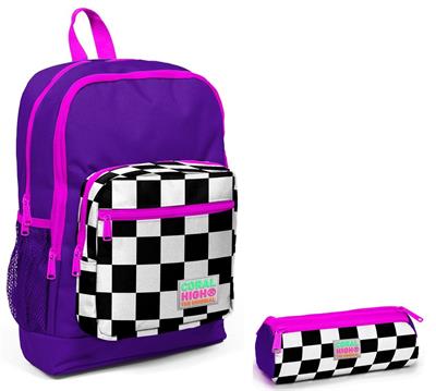 Coral High İlkokul Sırt Çantası ve Kalemlik Seti - Mor Damalı - Kız Çocuk