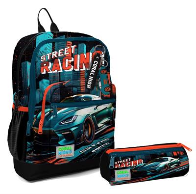 Coral High İlkokul Sırt Çantası ve Kalemlik Seti - Siyah Nefti Yarış Arabası - Erkek Çocuk