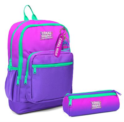 Coral High İlkokul Sırt Çantası ve Kalemlik Seti - Pembe Mor Renk Geçişli - Kız Çocuk