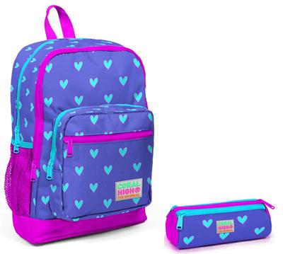 Coral High İlkokul Sırt Çantası ve Kalemlik Seti - Mavi Kalp - Kız Çocuk