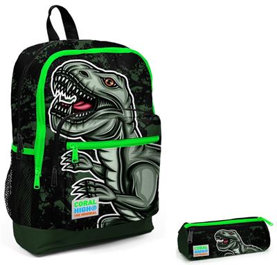 Coral High İlkokul Sırt Çantası ve Kalemlik Seti - Yeşil Dinazor Baskılı - Erkek Çocuk