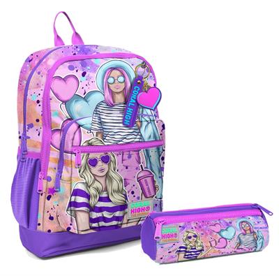 Coral High İlkokul Sırt Çantası ve Kalemlik Seti - Pembe Mor Fashion Girl - Kız Çocuk