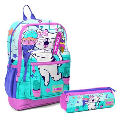 Coral High İlkokul Sırt Çantası ve Kalemlik Seti - Turkuaz Pembe Dondurmalı Kedi - Kız Çocuk