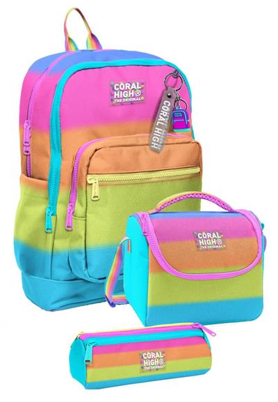 Coral High İlkokul Üçlü Okul Başlangıç Çanta Seti - Pembe Turuncu Renk Geçişli, Kız Çocuk