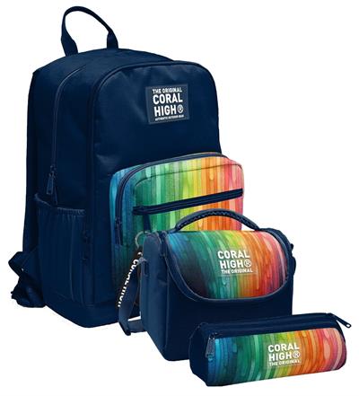Coral High İlkokul ve Ortaokul Okul Çanta Üçlüsü - Erkek Çocuk, Lacivert Çok Renkli Çizgi Desenli