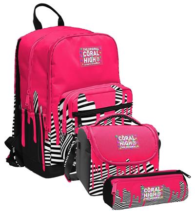 Coral High İlkokul ve Ortaokul Okul Çanta Üçlüsü - Kız Çocuk, Pembe Siyah Beyaz Boya Desenli
