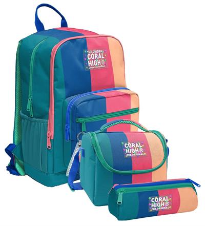 Coral High İlkokul ve Ortaokul Okul Çanta Üçlüsü - Kız Çocuk, Yeşil Mavi Pembe Renkli Çizgili