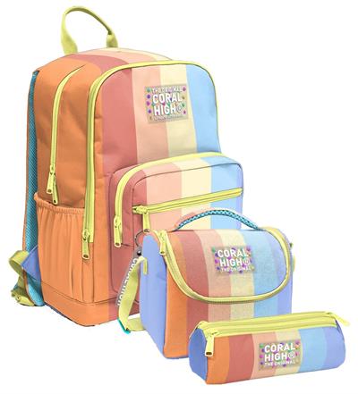 Coral High İlkokul ve Ortaokul Okul Çanta Üçlüsü - Kız Çocuk, Turuncu Sarı Mavi Renkli Çizgili