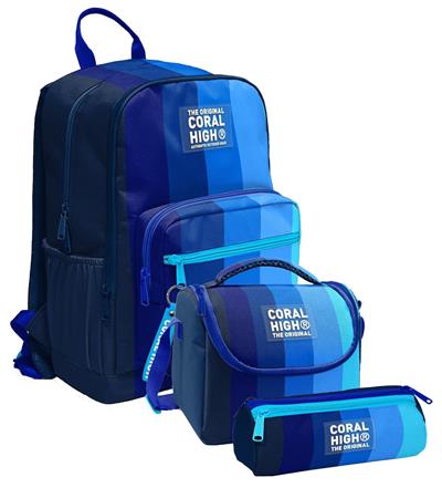 Coral High İlkokul ve Ortaokul Okul Çanta Üçlüsü - Erkek Çocuk, Lacivert Mavi Renk Geçişli Çizgili