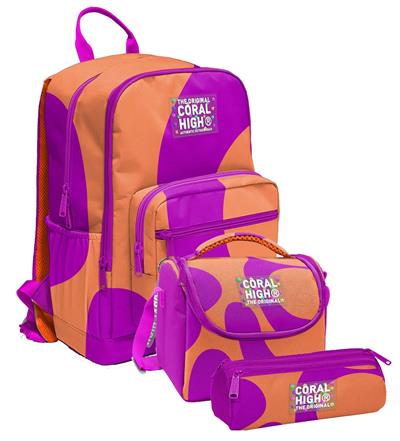 Coral High İlkokul ve Ortaokul Okul Çanta Üçlüsü - Kız Çocuk, Turuncu Mor Renkli Çizgili