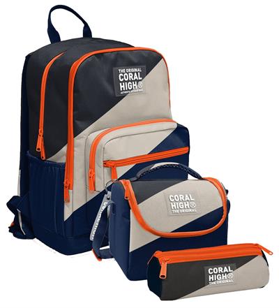 Coral High İlkokul ve Ortaokul Okul Çanta Üçlüsü - Erkek Çocuk, Lacivert Bej Renkli Çizgili