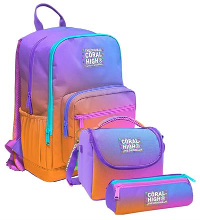 Coral High İlkokul ve Ortaokul Okul Çanta Üçlüsü - Kız Çocuk, Turuncu Mor Renk Geçişli