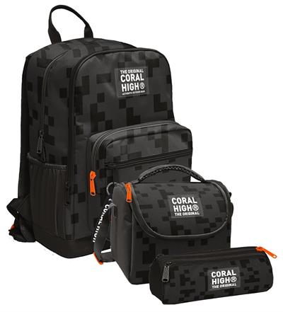 Coral High İlkokul ve Ortaokul Okul Çanta Üçlüsü - Erkek Çocuk, Siyah Blok Desenli